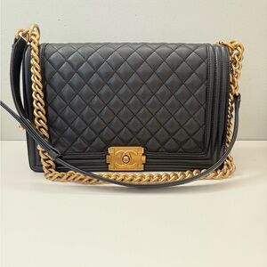 CHANEL Black Caviar Boy Bag with Aged Gold Chain and microchip